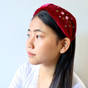 Red Floral Embroidered Headband, Velvet Headband, Vintage Style, Comfortable Knotted Headband, Wide Thick Head Piece, Unique Gift For Her