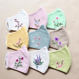 Hand Embroidered Face Mask on Linen for Women, Reusable Eco Friendly Fabric, Adult Washable Kawaii Style, Flowers Face Cover for Outdoor