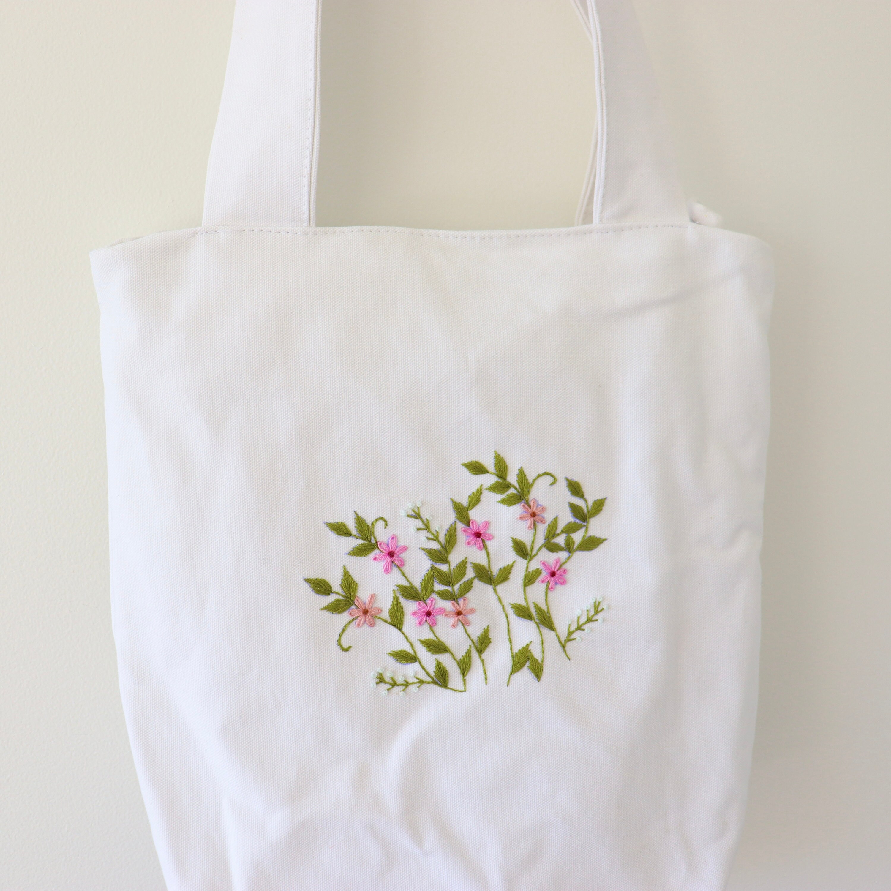 Wild Flower Embroidery White Canvas Tote Bag Linen Reusable 