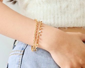 Gold Layering Bracelet, Curb Link Chain Bracelet, Double Bracelet, Dangling Bracelet, Minimalist Design, Boho Bracelet, Dainty Layered Chain
