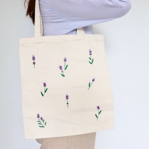 Lavendel geborduurde draagtas, milieuvriendelijke canvas tas, schoudertas voor dames met ritssluiting en binnenzak