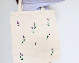 Lavender Embroidered Tote Bag, Eco-friendly Canvas Bag, Women Shoulder Bag with Zipper Lock and Inner Pocket