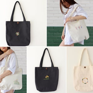 Hand Embroidered Tote Bag, Korean Canvas Shoulder Bag, Handmade Embroidery Shoulder Bag for Everyday Use, Fabric Tote Bag, Minimalist Bag