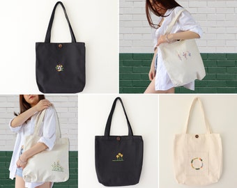 Hand Embroidered Tote Bag, Korean Canvas Shoulder Bag, Handmade Embroidery Shoulder Bag for Everyday Use, Fabric Tote Bag, Minimalist Bag