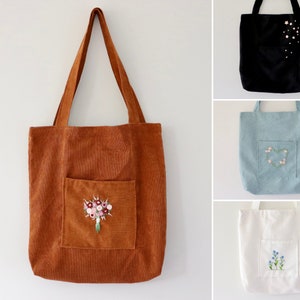 Hand Embroidered Corduroy Bag, Corduroy Tote Bag, Handmade Casual Bag, Fabric Tote Bag with Inner Pocket and Zipper Lock, Korean School Bag