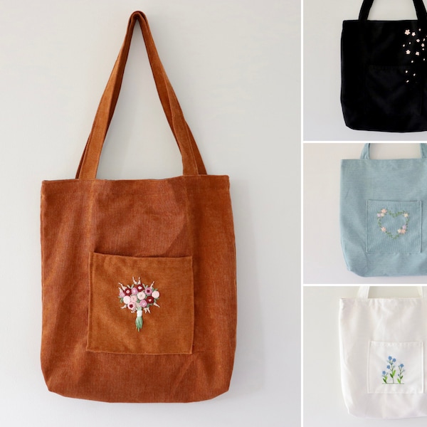 Hand Embroidered Corduroy Bag, Corduroy Tote Bag, Handmade Casual Bag, Fabric Tote Bag with Inner Pocket and Zipper Lock, Korean School Bag