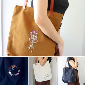 Hand Embroidered Shoulder Bag, Leather Strap Tote Bag, Handmade Canvas Embroidery Bag for Everyday Use, Bag with Inner Pocket, Unique Bag