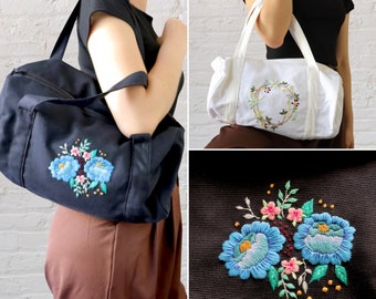 Hand Embroidered Drum Bag, Canvas Drum Bag, Handmade Casual Bag, Fabric Tote Bag, Korean School Bag, Travel Bag Handmade, Everyday Use Bag