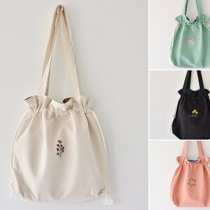 Hand Embroidered Drawstring Shoulder Bag, Linen Bucket Women Bag, Handmade Linen Embroidery Shoulder Bag for Everyday Use, Fabric Tote Bag