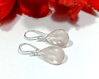 Brinco de Quartzo Rosa Natural, Brinco em Prata de Lei 925, Brinco com Pedra Preciosa, Brinco Pendente, Brinco Feito à Mão, Brinco para Presente
