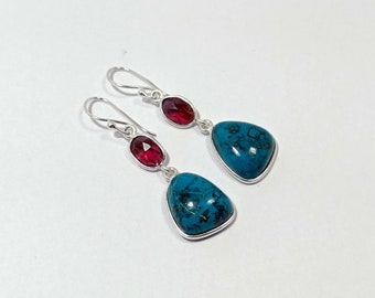 Natural Garnet And Azurite Earring, 925 Sterling Silver, Gemstone Earring, Multi Stone Earring, Handmade Earring, Christmas Gift, for Gift