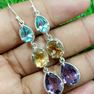 Multi Stone Earring, Amethyst Blue Topaz And Citrine Earring,925 Sterling Silver Earrings, Gemstone Earring, Dangle Drop Earring, Women Gift