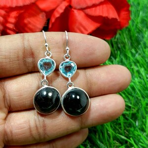 925 Sterling Silver Earring, Black Star and Blue Topaz Earring, Gemstone Earring, Topaz Earring, Dangle Drop Earrings, Gift For Her