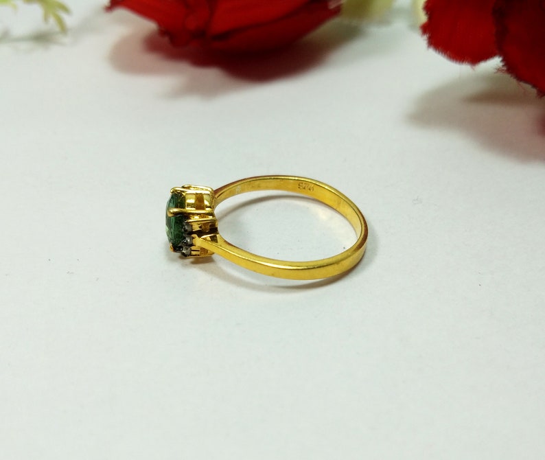 Wedding Ring Gift Valentine Gift Green Tourmaline Ring Natural Green Tourmaline Diamond Ring Rose cut Diamond Ring,925 Sterling Silver