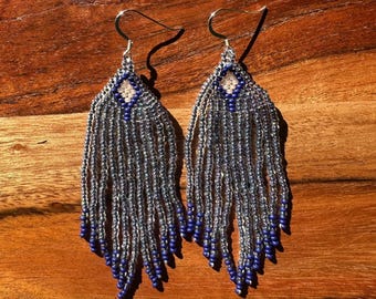 Hand-made iridescent blue beaded fringe earrings, Native made in Washington State