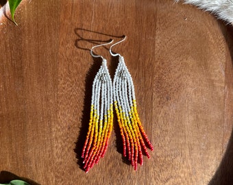 Native American Beaded Fringe Earrings, Sterling Silver Hooks