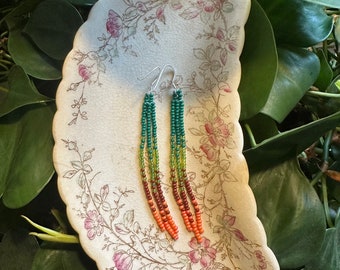 Beaded fringe earrings Native American made with green, red and orange beads