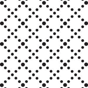 May include: A repeating pattern of black dots of varying sizes on a white background. The dots are arranged in a diagonal grid, creating a geometric design. The pattern is simple and modern, suitable for various applications.