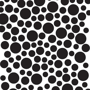 May include: A black and white abstract pattern featuring a dense arrangement of varying-sized black circles against a white background. The circles overlap, creating a textured, visually dynamic design. This pattern is suitable for various applications, including fabric or wallpaper.