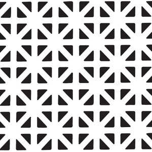 May include: A repeating pattern of black triangles and squares on a white background. The triangles are arranged to form a starburst design within each square, creating a geometric and symmetrical pattern.