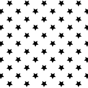 May include: A repeating pattern of black five-pointed stars on a white background. The stars are evenly spaced and cover the entire surface, creating a simple, yet bold design. This pattern is suitable for various applications.