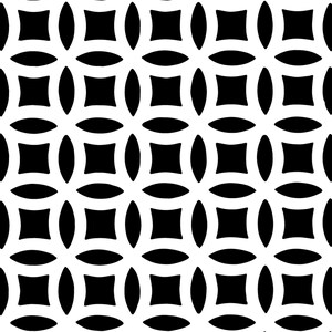 May include: A repeating pattern of black shapes on a white background. The design features a grid of black squares, each surrounded by four elongated, oval shapes, creating a geometric and symmetrical visual.