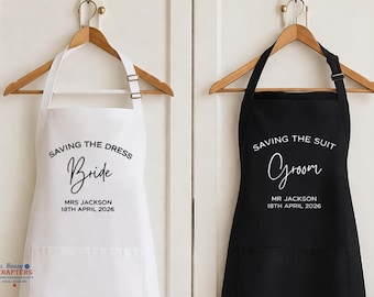 Personalised Bride & Groom Aprons, Saving the Dress Suit Kilt Outfit, Wedding Aprons, Bride Groom Gift, Wedding Day Keepsake, Custom Apron