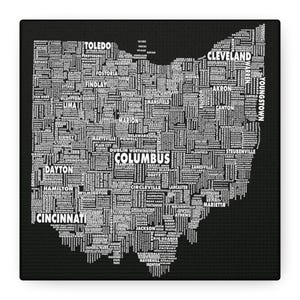 Canvas Wall Art, Ohio Map Typography Print, Matte Stretched 25&quot;, Every City Name Shape of Ohio, Home Decor, Office Wall Hanging, Gift
