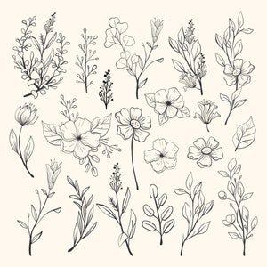 May include: A set of 20 black and white line drawings of various flowers and leaves. The drawings are simple and elegant, and would be perfect for use in a variety of creative projects.