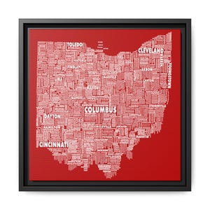 Wall Art, Ohio Typography Map Framed - Buckeye Colors, Town City Names, Matte Canvas Print, Multi-color, Home Decor, Gift Idea