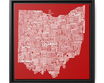 Ohio Typography Map, Buckeye Colors, Framed Canvas Print