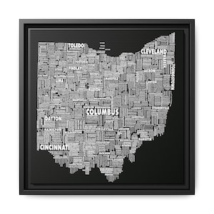 Wall Art, Ohio Typography Map Framed - Every Town and City Name in the Shape of Ohio, Matte Canvas, Multi-color Print, Home Decor, Gift for