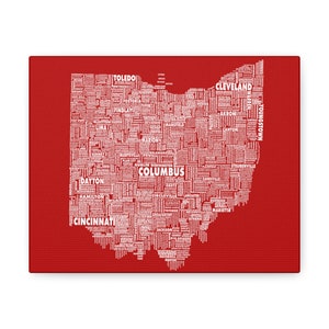 Toile d'art mural carte typographie de l'Ohio - Chaque nom de ville et de ville en forme de couleurs Buckeye de l'Ohio