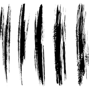Könnte beinhalten: Satz von sieben schwarzen Pinselstrichen, jeder mit einer anderen Textur und Breite. Die Striche sind vertikal und in einer Reihe angeordnet.