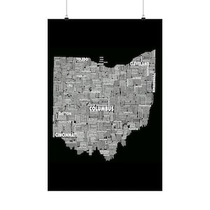 Affiche d'art mural carte typographique de l'Ohio - Chaque nom de ville et de ville sous la forme de l'Ohio