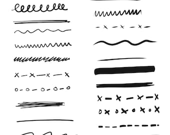 May include: A set of 18 hand-drawn divider lines in black ink. The lines are various styles, including straight, wavy, dashed, and dotted.