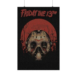 May include: A poster featuring the text "FRIDAY THE 13TH" in red above a graphic of a hockey mask and skull. The mask and skull are made of brick-like textures, set against a red moon and black background.