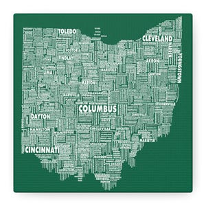Canvas Wall Art, Ohio Typography Map in Bobcat Colors, Matte Stretched 25&quot; - Home Decor, Ohio State Gift, Wall Decor, Unique Wall