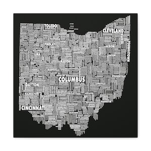 Toile d'art mural carte typographie de l'Ohio - Chaque nom de ville et de ville sous la forme de l'Ohio