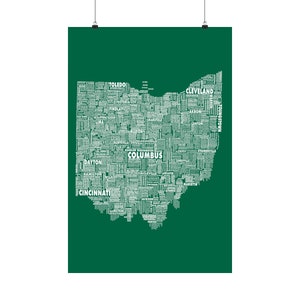 Affiche d'art mural carte typographique de l'Ohio - Chaque nom de ville et de ville en forme de lynx roux de l'Ohio