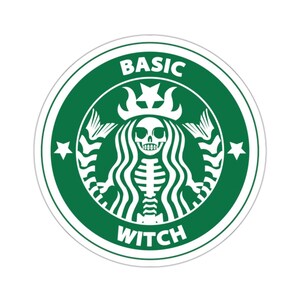 May include: A round, green sticker with a white skeleton design. The skeleton is in the center, surrounded by a green circle with the words "BASIC" and "WITCH". Two stars are on either side of the skeleton.