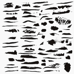 May include: A collection of black ink brush strokes in various shapes and sizes, creating a textured and abstract design.