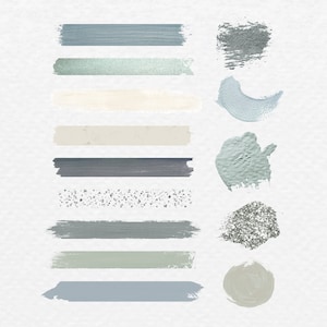 Peut inclure: Un ensemble de 10 coups de pinceau abstraits dans différentes nuances de bleu, vert et gris. Les coups de pinceau sont de formes et de tailles différentes, certains sont horizontaux et d'autres sont verticaux. Les coups de pinceau sont sur un fond blanc.