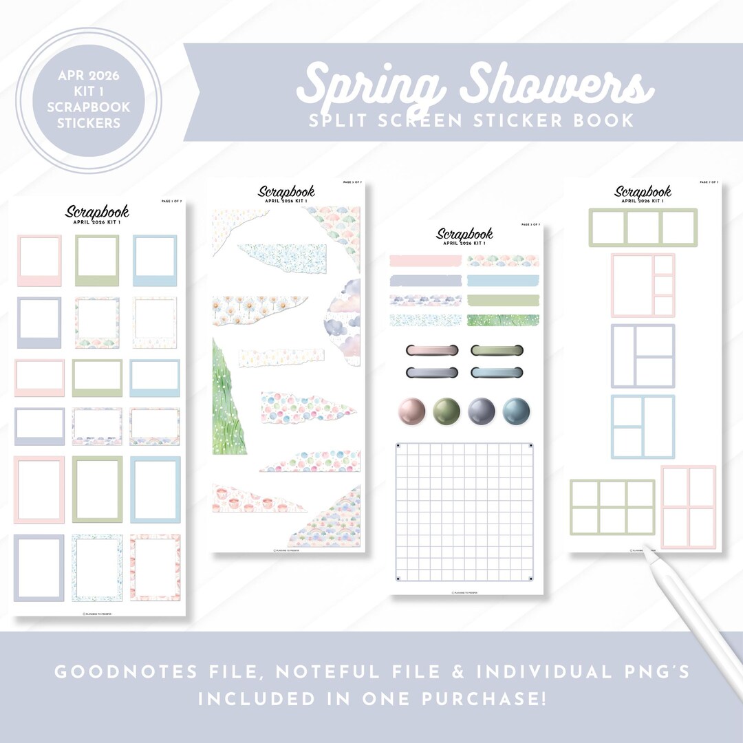 Split Paper Sticker April 2026 Kit 1 Scrapbook Stickers | Spring Showers | Split Screen ...