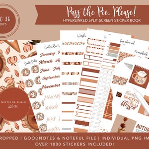 May include: A collection of digital planner stickers with a fall theme. The stickers include date dots, washi tape, and decorative elements with pumpkins and autumn colors. The text "Pass the Pie, Please!" is visible.