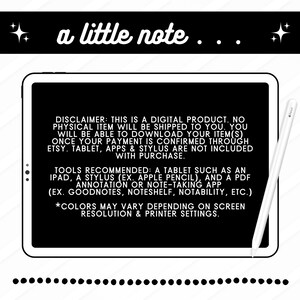 May include: A digital product advertisement featuring a tablet and stylus. The text "a little note" is at the top. The disclaimer states it's a digital product, with recommended tools: iPad, stylus, and note-taking apps. Colors may vary.