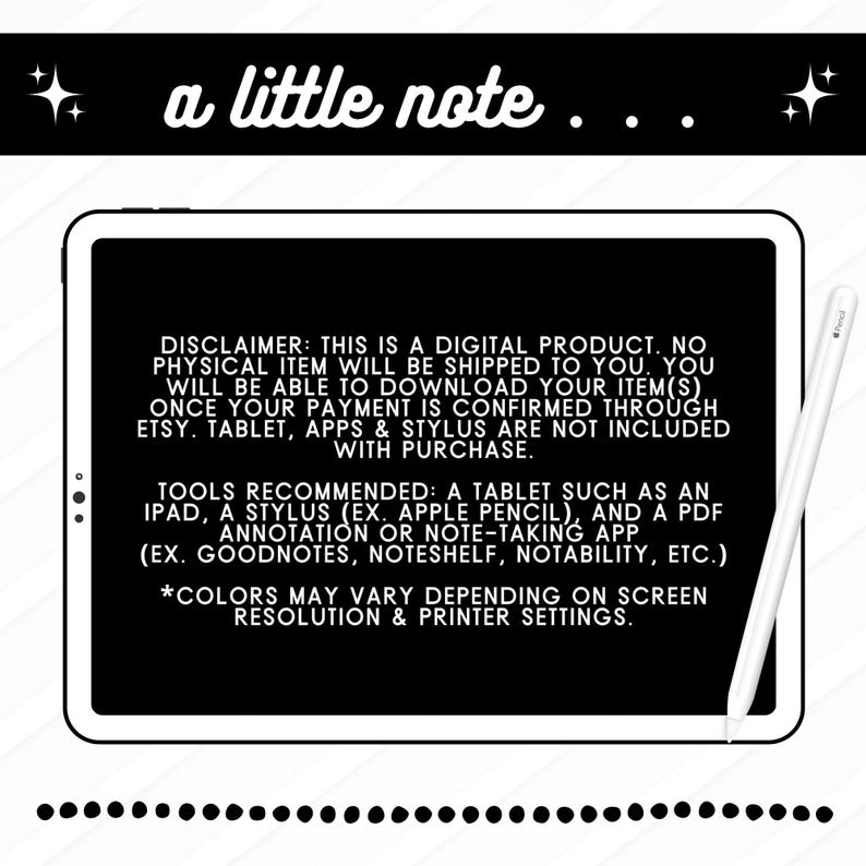 May include: A digital product advertisement featuring a tablet and stylus. The text "a little note" is at the top. The disclaimer states it's a digital product, with recommended tools: iPad, stylus, and note-taking apps. Colors may vary.