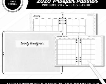Puede incluir: Un planificador digital con un diseño semanal para 2026. La imagen muestra una tableta con el texto "twenty twenty-six" y un planificador tipo carpeta con páginas de calendario. También se ve el texto "2026 Prosper Planner".