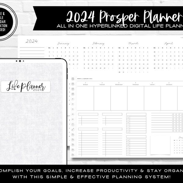 Planificador de prosperidad 2024 / MEJOR planificador digital todo en uno, personalizable y con hipervínculos / Incluye integración de Apple + Google Calendar
