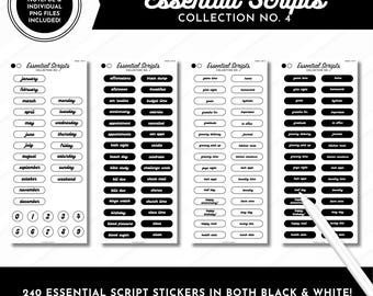 Essential Script Stickers | Collection No. 4 | 240 Stickers in Black + White | Pre-Cropped Digital Stickers | Goodnotes, Noteful + PNGs